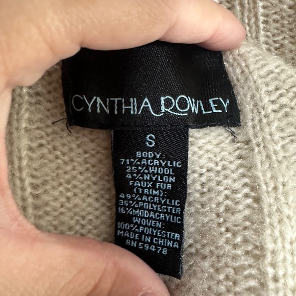 Cynthia Rowley Wool Blend Neutral Faux Fur Collar Belted Cardigan Sz Small - Picture 9 of 9